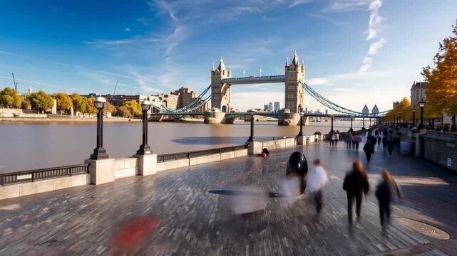Tower Bridge in London, UK, United Kingdom. Time lapse. People walking.