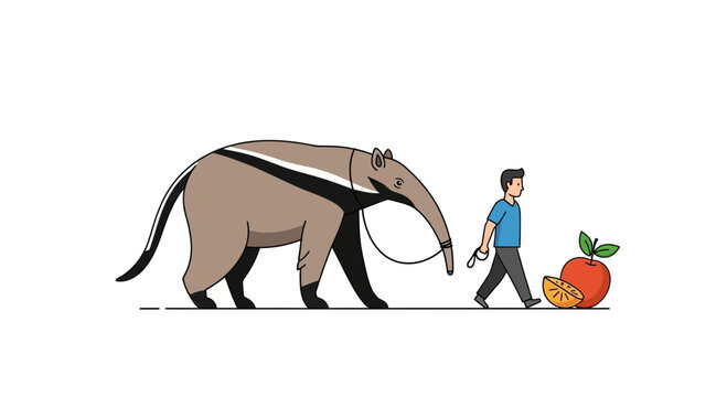 Man walks giant anteater on leash with apple and orange slices, surreal concept