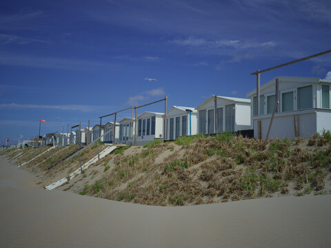 Row of white beach houses built on a sandy dune under beautiful blue sky in Netherlands