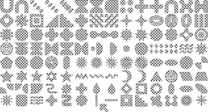 Abstract geometric patterns, a diverse collection of 150 unique black and white vector shapes. Modern graphic resources for digital design, web backgrounds, and creative projects.
