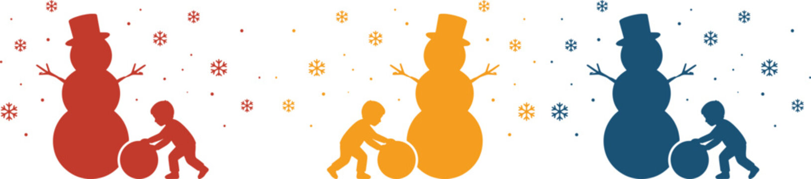 Festive snowman and child silhouettes, a vibrant winter holiday vector collection. Playful kids building snowmen under falling snowflakes, perfect for seasonal designs and Christmas projects.