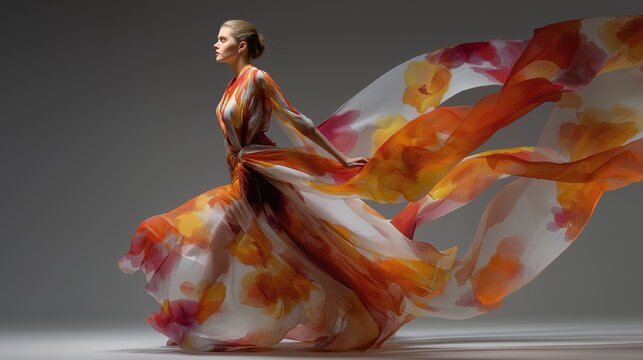 Fashion model in motion flowing translucent dress elegant woman colorful fabric studio background graceful pose dramatic movement airy textile abstract pattern luxury fashion
