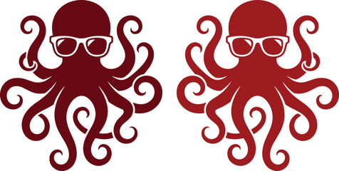 Cool red octopus wearing sunglasses, a fun marine animal character illustration. Playful sea creature vector graphic for ocean-themed designs, mascots, and branding. © Farzana