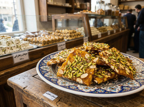 Persian sohan saffron brittle with pistachios on a plate in a pastry shop