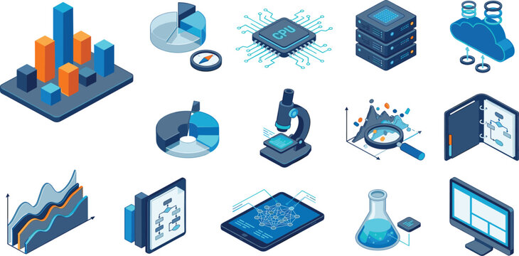 Big Data Analytics and Science Research Isometric Vector Icon Set Featuring Financial Charts Flowcharts Server Databases Microchips Cloud Computing and Laboratory Equipment