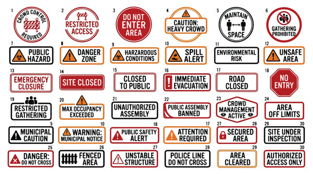 Safety warning signs collection, 30 industrial danger and caution labels vector set, restricted access and hazard notification icons for site security