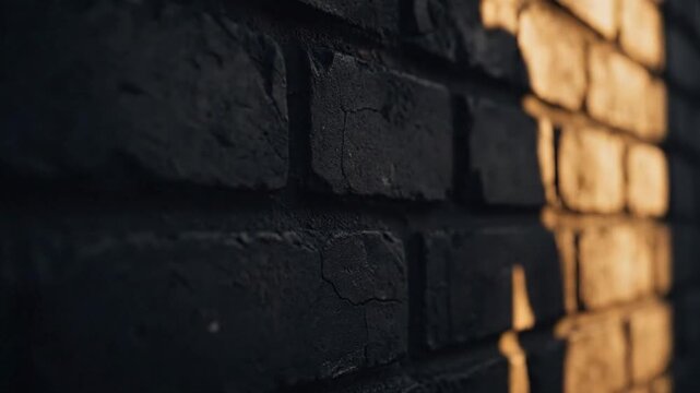 Dark textured brick wall with dramatic warm light casting shadows and highlights on the rough surface