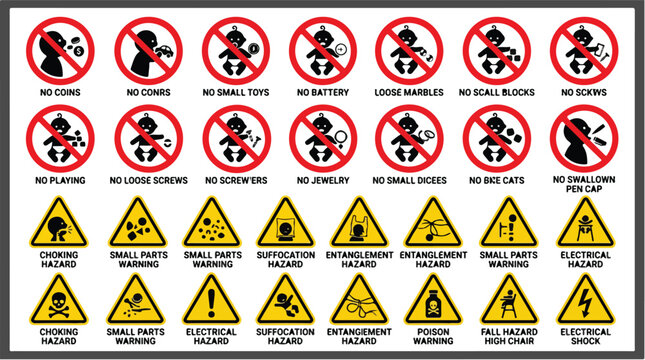 Choking hazard warning signs and baby safety icons set, 30 child safety symbols for product packaging, red prohibition and yellow caution labels