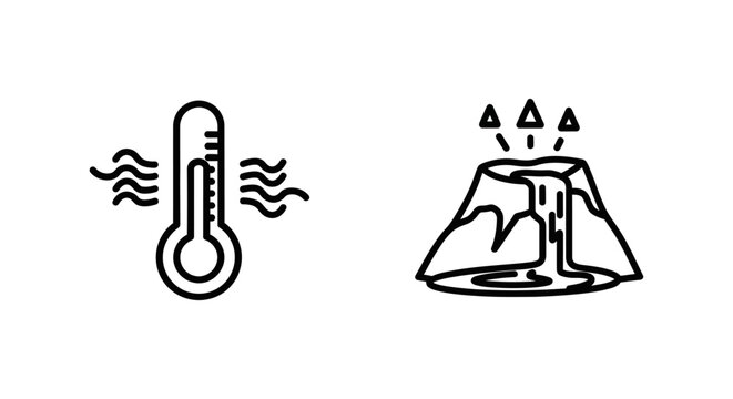Thermal anomaly alert and lava temperature icons with thermometer temperature eruption environment disaster monitoring measurement illustration mountain heatwave emission research