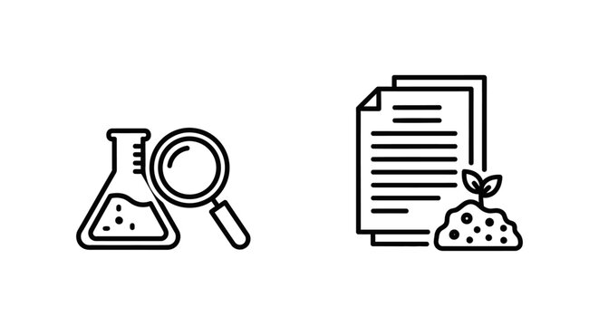 Laboratory analysis icons with flask magnifying glass and soil report with seedling laboratory analysis magnifying seedling research agriculture chemistry examination investigation