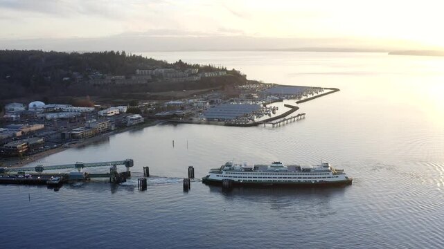 Washington State Ferry At Dock In Edmonds, Washington Drone Aerial View