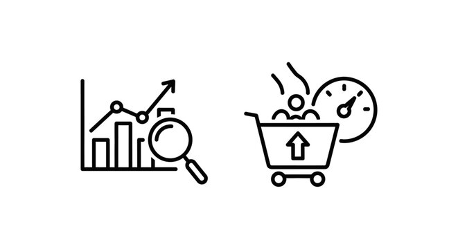 Replenishment analytics and restock metrics icons with magnifying glass shopping cart e commerce analytics replenishment business speedometer analysis performance information