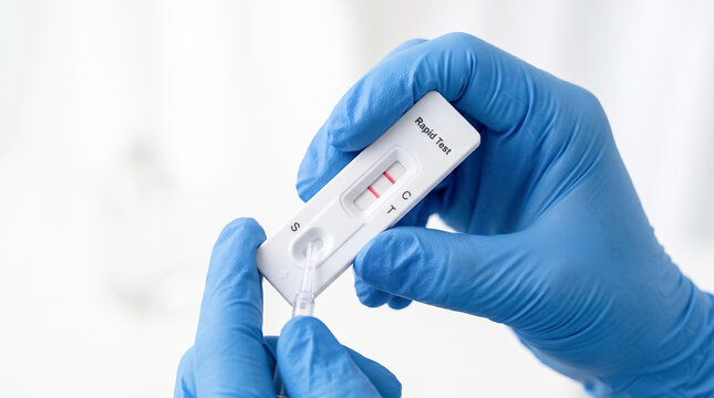 Gloved hand holding positive rapid antigen test cassette showing two red lines