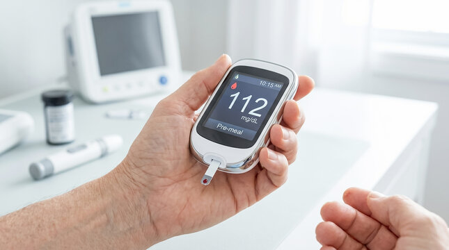 Hand holding digital blood glucose meter displaying sugar level reading for diabetes management