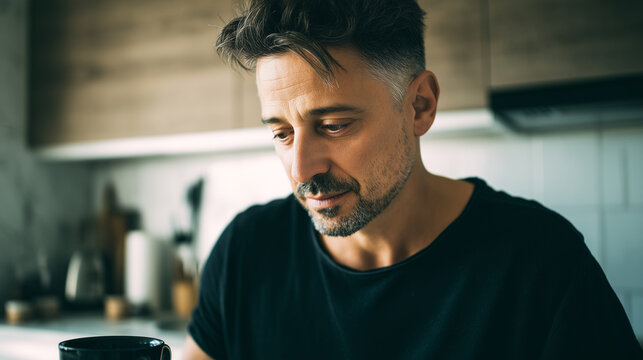 Man sits quietly, eyes lowered, lost in thought. Dark shirt contrasts softly lit kitchen backdrop. Cup rests nearby, hinting at quiet moments. Serene mood evokes introspection or pause