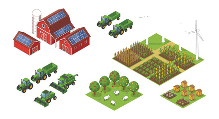 Isometric farm set with buildings crops and machinery on white background © Victoria hub