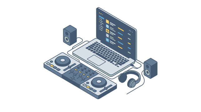 DJ equipment with laptop and speakers.