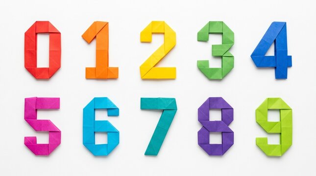 Colorful folded origami paper number set 0 to 9 isolated on white