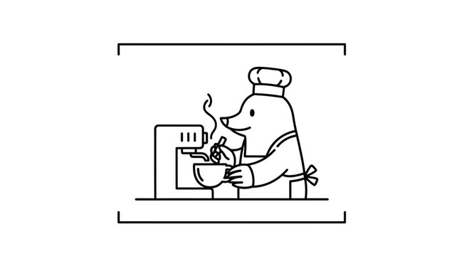 Cute cartoon mole chef cooking in kitchen with coffee machine and bowl, line art illustration.