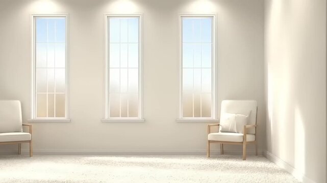 Interior with three windows, two armchairs, off-white walls, and a light-colored carpet