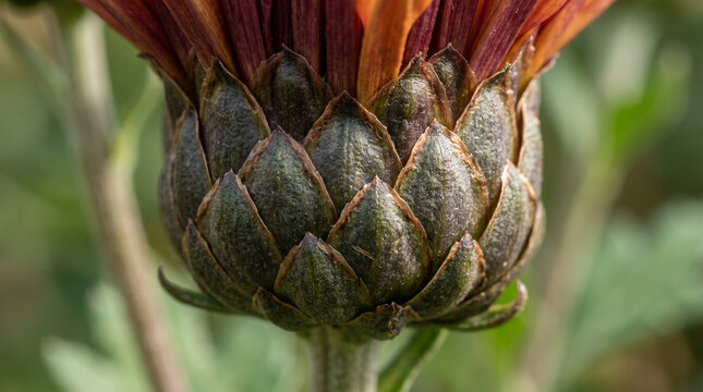 Hyper detailed chrysanthemum involucre bracts armored, showcasing intricate textures and colors
