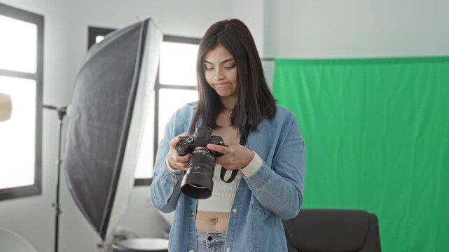 Woman checking and adjusting camera settings while holding a dslr in a studio with green screen, softbox light and shelving; concentration creativity.