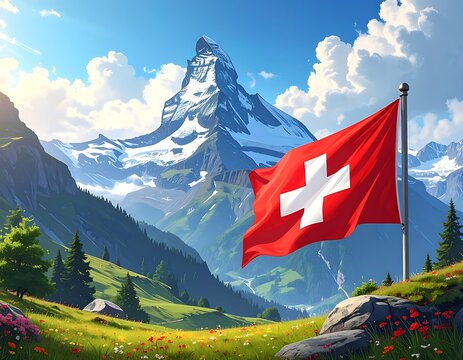 Swiss flag waving in mountain landscape.