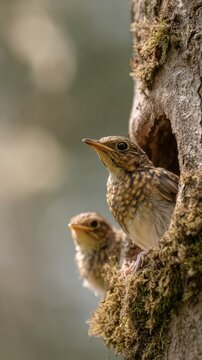 Newly fledged bird chicks in tree cavity with moss, soft natural light and vertical wildlife scene