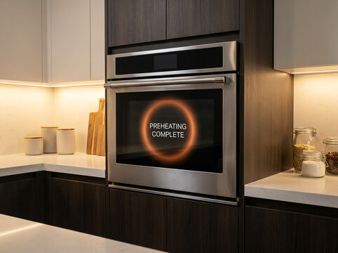 Modern kitchen featuring a built-in stainless steel oven displaying 'PREHEATING COMPLETE' on its screen, with dark wood cabinetry and illuminated countertops.