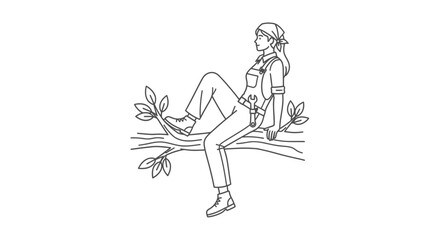 Obraz premium Woman in overalls sitting on a tree branch, holding a wrench, resting