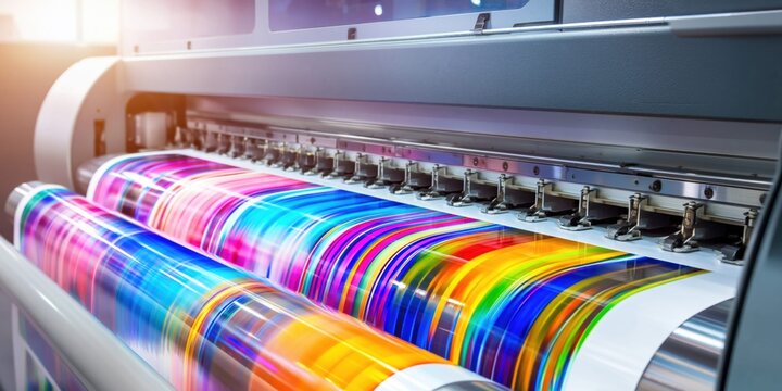 High-tech industrial printing machine producing vibrant, colorful patterns on paper