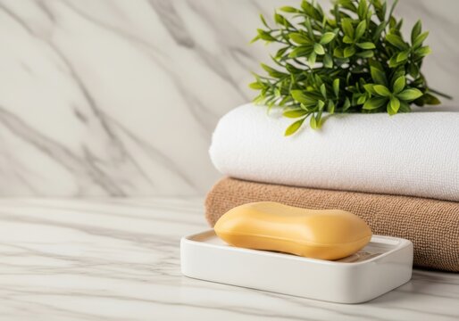 Spa bathroom setting with soap, towels, and greenery