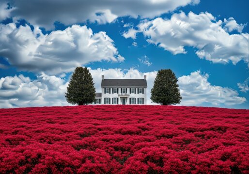 A white colonial house atop a vibrant red flower field
