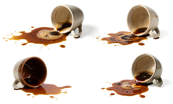Set of four different ceramic cups tipped over with spilled coffee forming puddles and splashes, morning accident concept, isolated on a transparent background, 3D illustration.