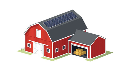 Red barn with solar panels and hay bales isometric illustration © Victoria hub
