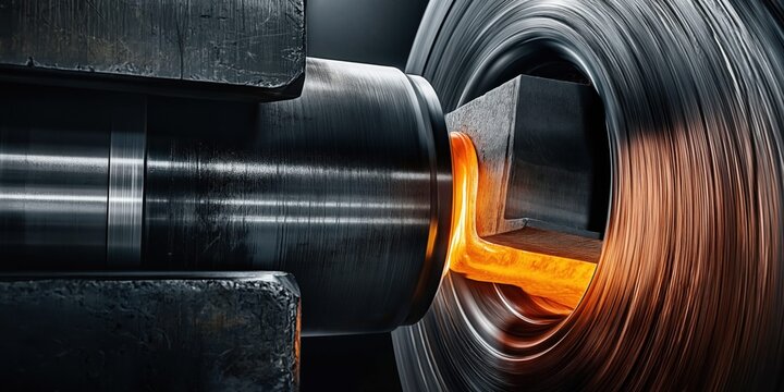 Extreme close-up of a giant hydraulic press crushing glowing hot metal into shape