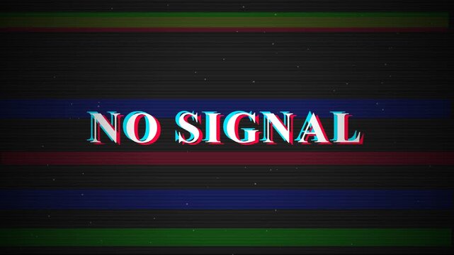 Television signal error text with No Signal message displaying CRT glitch distortion and scanlines for broadcast transitions or overlay effects.