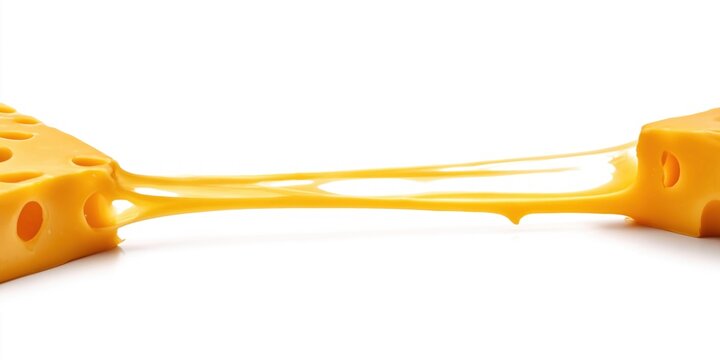 Stretchy melted cheese stretching between two blocks on a white background
