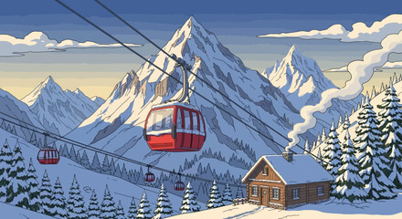 Gondola lift moving over snow capped mountains and winter cabin © fina