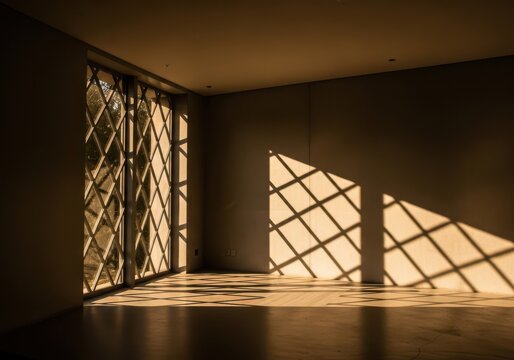Empty room with geometric window shadow patterns