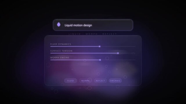 A futuristic user interface with a purple gradient screen displays a sleek digital motion design on a dark background with a search bar.