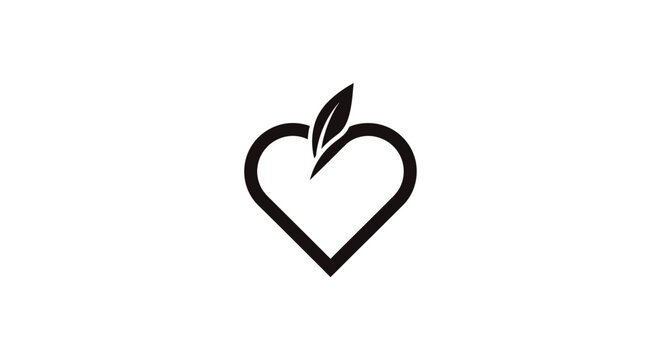 Minimalist black outline heart apple logo with sprouting leaf