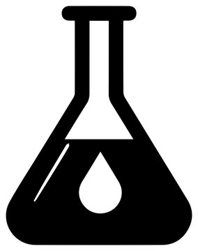 Solid black icon of a paraffin inhibitor treatment chemical flask with a drop used in industrial processes and applications