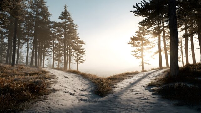 Conceptual background: Unpaved road splitting in two in a foggy forest with bright morning sunlight