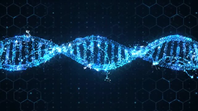 Abstract Blue Glittering DNA Strand Rotating in a Dark Blue Digital Hexagonal Grid Background with Sparkling Particles