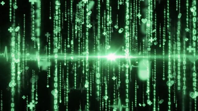 Abstract Green Digital Rain with Medical Icons and Heartbeat Lines on a Dark Background Illustrating Healthcare Technology