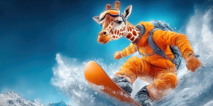 Whimsical giraffe in ski gear snowboarding down a snowy mountain slope