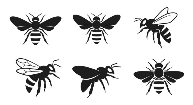 Diverse collection of stylized bee icons presented in black and white, featuring honeybees in various flight and resting poses, ideal for nature, insect, and ecological design projects