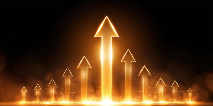 Glowing golden arrows ascend from a fiery base, symbolizing growth and success