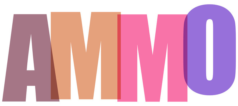 Colorful 3D text spelling AMMO on white background
